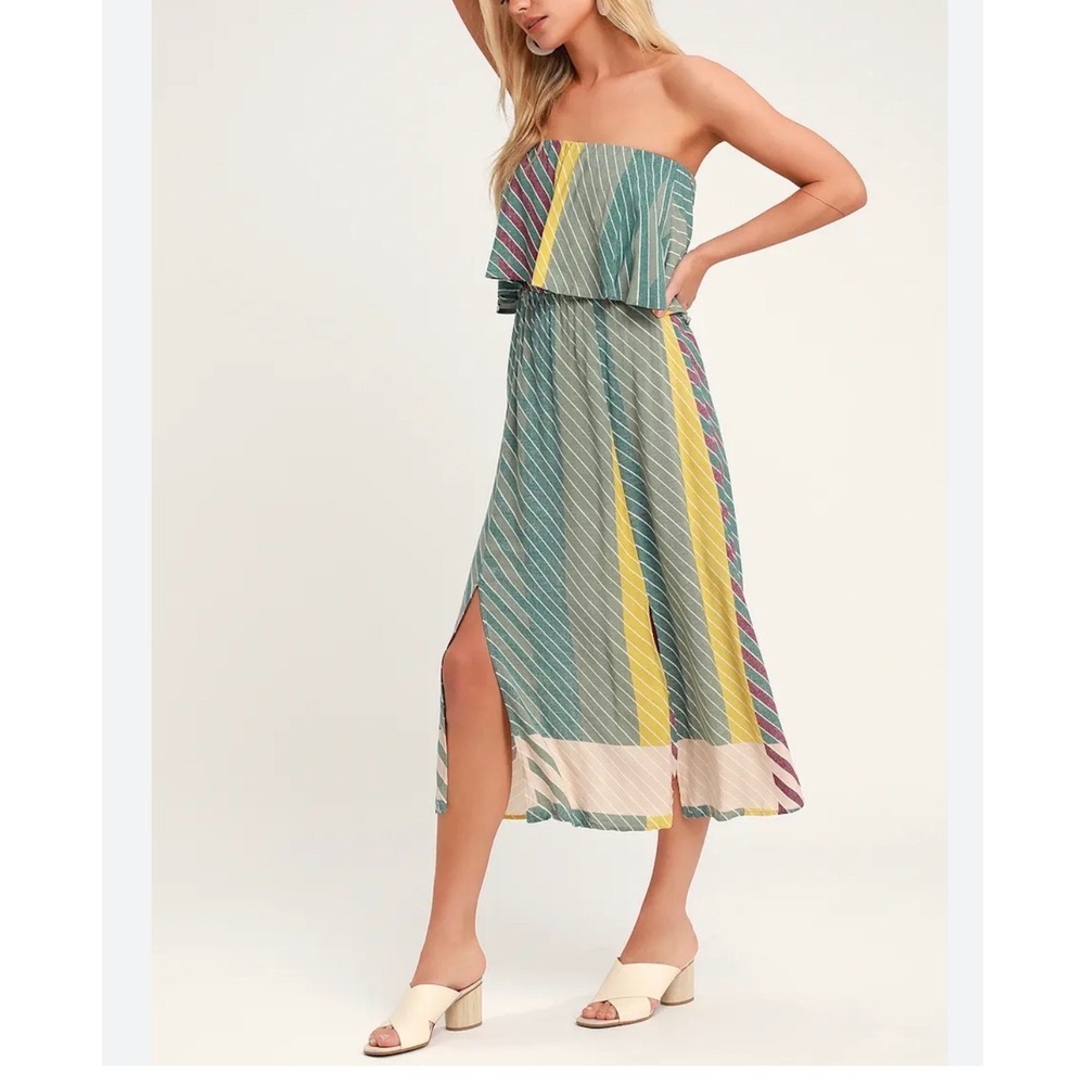 O'Neill Womens Multi Color Striped Strapless Popover Midi Dress Green Yellow M